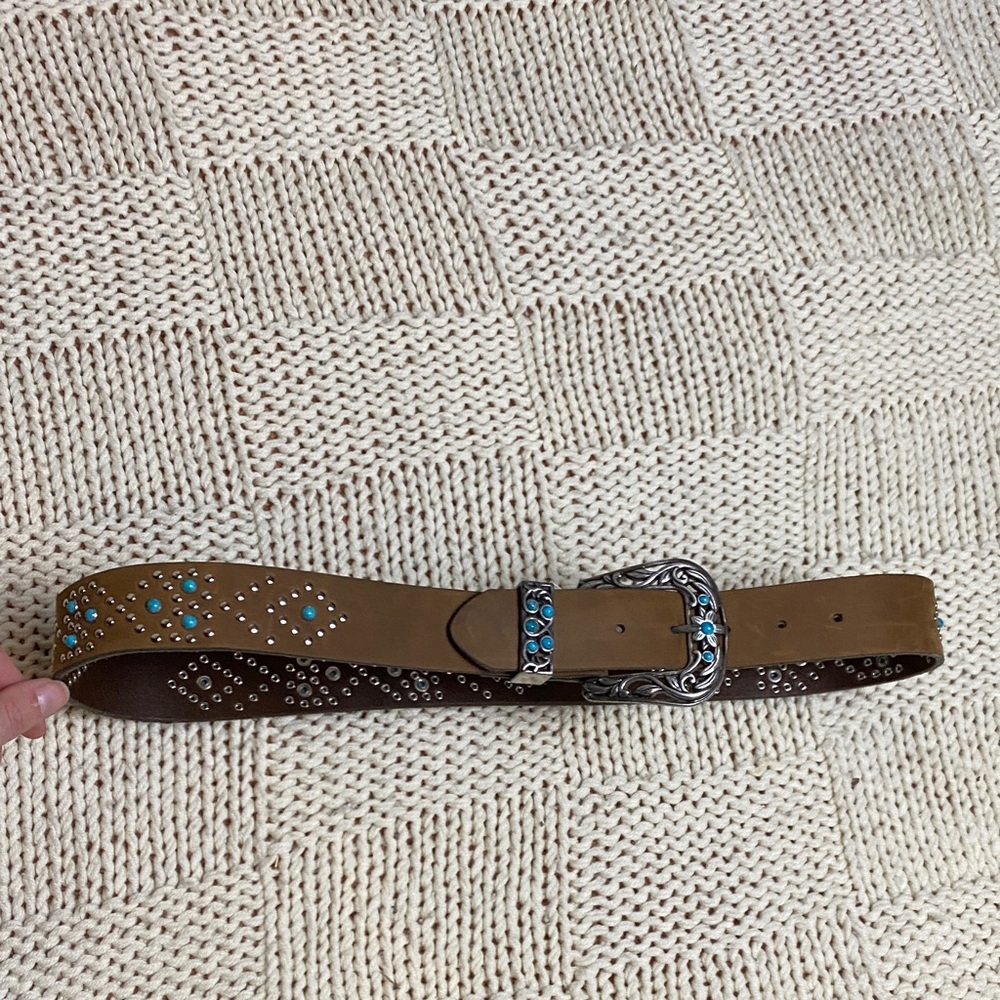NWT Roper Brown Leather Silver Turquoise Belt Size L 34/36